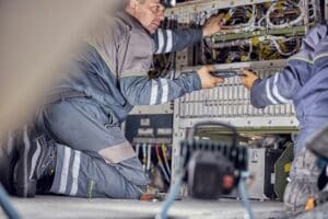 An electrician working on a residential electrical panel, handling wires and equipment in a confined space, showcasing the physically demanding nature of electrical work.